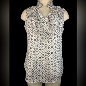 White House Black Market Black White Lined Ruffled Blouse Women’s Size 6